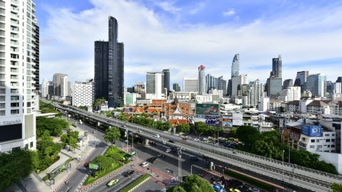 BANGKOK, THAILAND, July 19, 2020:Time lapse view cityscape commercial modern building and condominium in samyan Intersection area, Bangkok ,Thailand