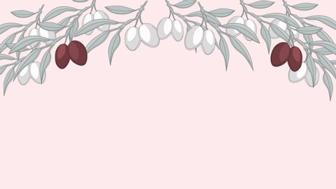 Black and green hand drawn olive leaves and fruits swinging. Copy space. Motion design frame. Light pink background.