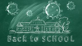School building, coronavirus cells and lettering Back to School are drawn with chalk on a blackboard. Covid-19 concept. Start of the new school year 2020 - Powered by Shutterstock - Get 15% off with code: PIKWIZARD15
