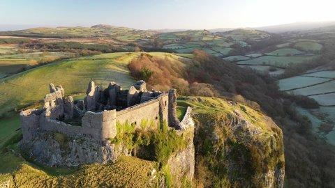 Aerial of Carreg Cennen Castle at dawn, Trapp, Brecon Beacons, Carmarthenshire, Wales, United Kingdom, Europe