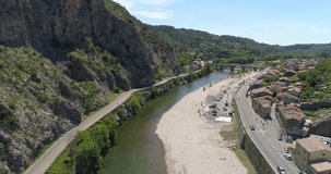 Anduze bridge aerial back traveling, Gard, France