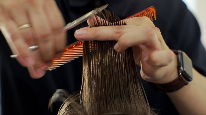 Hairdresser trimming brown hair with scissors. Professional stylist cutting woman's hair in salon, closeup. Close up of hairdresser cutting the hair. | Shutterstock HD Video #1056217061