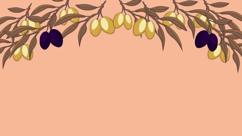 Black and green hand drawn olive leaves and fruits swinging. Copy space. Motion design frame. Pink background.