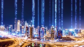 Aerial Drone Flight Hyperlapse Of Panoramic Skyline Of Metropolitan City Business Network Formation Futuristic Technology Ai 5g Network Drone Low Light 4k - Powered by Shutterstock - Get 15% off with code: PIKWIZARD15