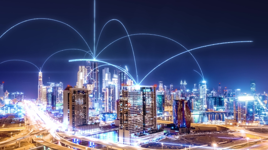 Digital City Aerial Drone Footage With Hologram Information Arches Wireless Communication Futuristic Business Network and Technology 5G Drone Low Light 4k | Shutterstock HD Video #1056217592