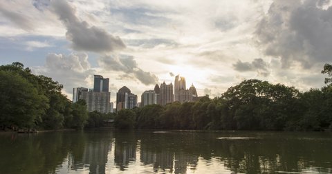 dramatic day to night timelapse of Atlanta skyline with vibrant sunset