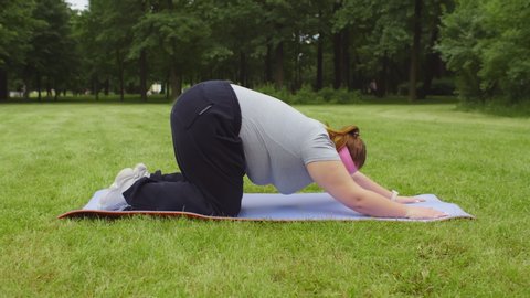 Стоковое видео: Young overweight woman doing yoga exercises on fitness mat in park. Side view of fat female working out outdoors losing weight. Healthy lifestyle, sports and weight loss concept