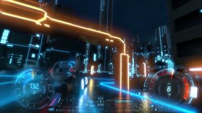 3d fake Video Game. Racing simulation. night city. tron style.Hud