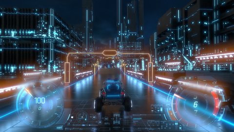 3d fake Video Game. Racing simulation. night city. tron style.Hud