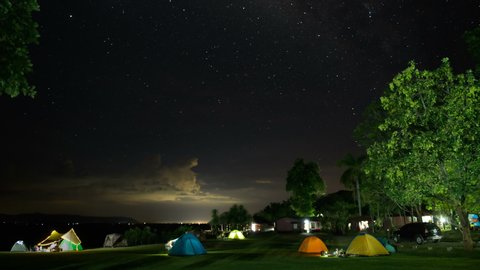 Campsite with tents and sky full of stars and Milky way at the national park. outdoor lifestyle concept. 4k timelapse