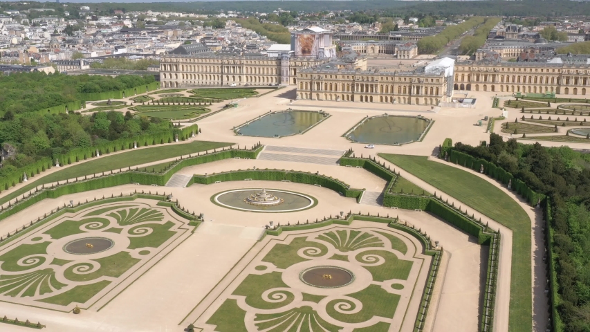 Versailles / France - May 2020: French castle, Palace of Versailles (Chateau de Versailles) empty during Covid-19 virus, drone aerial view