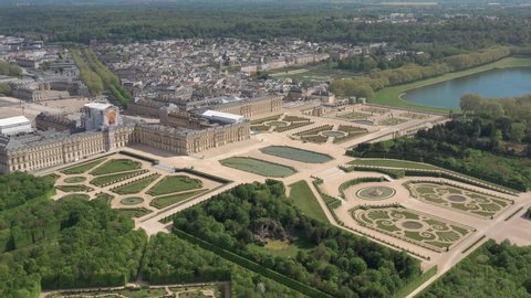 Versailles / France - 2020: French castle, Palace of Versailles (Chateau de Versailles), empty, drone aerial view