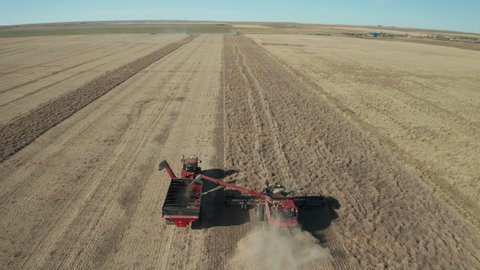 Large industrial farming machine harvests wheat grain and transfers crops into red truck in flat expansive farmland in Ponteix countryside, Saskatchewan, Canada, overhead aerial approach