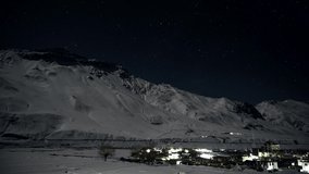 Star-trial Night sky Time-lapse of the Monk town Kaza in the heart of Spiti Valley located at the height of 12500ft above the sea level in Himachal Pradesh, India shot in 4k.