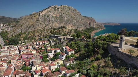 Aerial drone video of historic and picturesque seaside old town of Nafplio, Argolida, Peloponnese, Greece