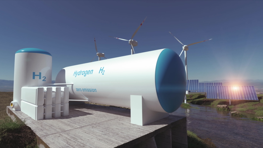 Hydrogen renewable energy production - hydrogen gas for clean electricity solar and windturbine facility. 3d rendering. | Shutterstock HD Video #1056245309