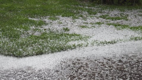 Very intensive summer hail - green grass fully covered by many frozen hailstones. Close up video. Unpredictable summer weather weather conditions. Original sound included