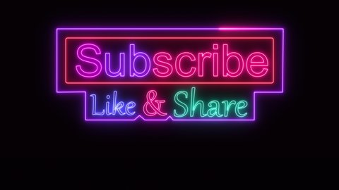 TEXT sign neon subscribe like and share glow color moving seamless art background abstract motion screen