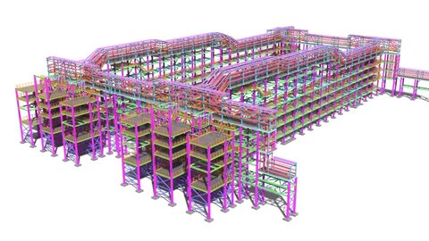 BIM model of a large steel industrial building for presentation to the customer from the design organization. Flight of the structural model of the building. 3D rendering.