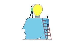Cartoon two people character installing a big light bulb on human head as symbol as searching of idea. Shot in 4k resolution - Powered by Shutterstock - Get 15% off with code: PIKWIZARD15