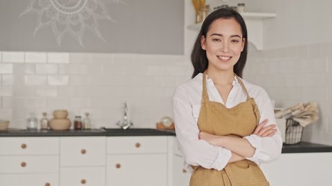 Happy Pretty Asian Woman Wearing Apron Stock Footage Video (100% ...