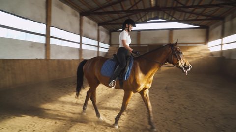 Young woman rider trains riding a horse in a covered hangar, rides a horse, beautiful light and dust, view from a low angle.
