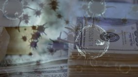 Animation of macro Covid-19 cells floating over American dollar bills lying on a table. Finance business stock market global data processing concept digitally generated image. - Powered by Shutterstock - Get 15% off with code: PIKWIZARD15