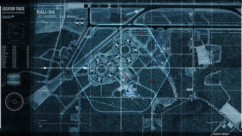 Secret satellite spy system. Camera detects Military base in Australia. The map shows at tghe computer screen. modern user interface.