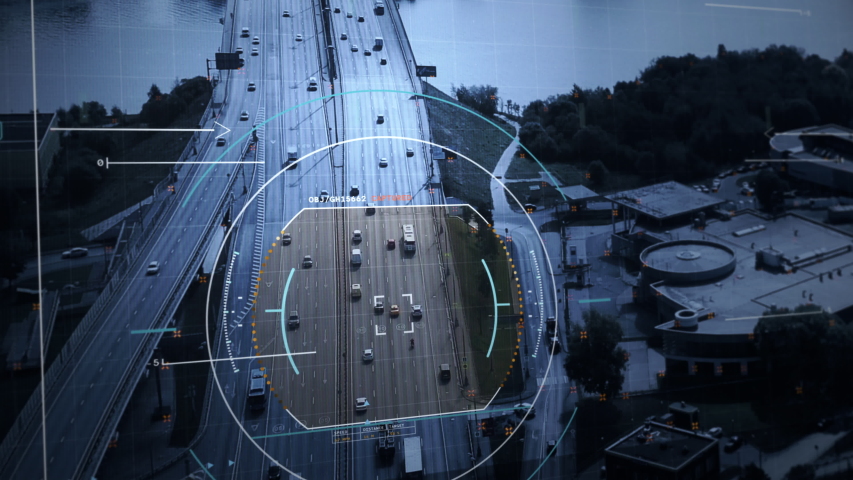 Spy drone is tracking car on a road in rush hour, criminal person detected in a car. Infringers recognition system on the road. zoom in Royalty-Free Stock Footage #1056277268