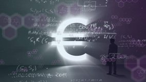 Animation of a man silhouette standing by a shiny Euro sign over mathematics equations. Finance business stock market global data processing concept digitally generated image. - Powered by Shutterstock - Get 15% off with code: PIKWIZARD15