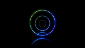 Several neon circles inside each other changing color on the black background.