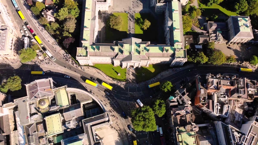 Trinity college in Dublin, aerial drone fly over birds eye view. Beautiful summer day. Royalty-Free Stock Footage #1056277742
