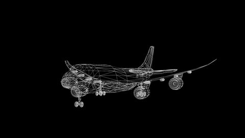 4K footage of 360 rotating white line wireframe Airplane isolated on the black background with alpha channel for overlay design or screen blending video editing hologram or futuristic hud elements