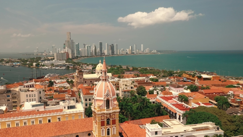 Aerial View Of Colonial Old Town Buildings And Bocagrande, Cartagena, Colombia Royalty-Free Stock Footage #1056281195