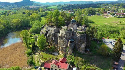 Aerial view of Sloup Castle in Northern Bohemia, Czechia. Sloup rock castle in the small town of Sloup v Cechach, in the Liberec Region, north Bohemia, Czech Republic. 