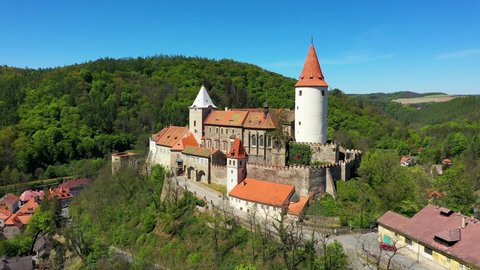 Aerial view of castle Krivoklat in Czech republic, Europe. Famous Czech medieval castle of Krivoklat, central Czech Republic. Krivoklat castle, medieval royal castle in Central Bohemia, Czechia. 