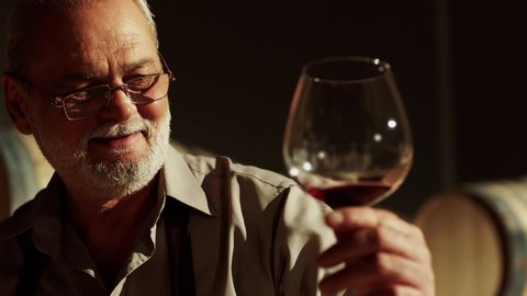 Winemaker checking on wine by sampling pipette . Man testing wine in a factory or warehouse . Portrait of a senior well-dressed winemaker checking the wine . Shot on ARRI ALEXA Camera Slow Motion .