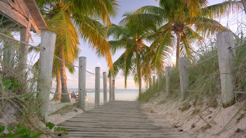 Palm tree lined pathway to the Smathers Beach in tropical Key West Florida USA