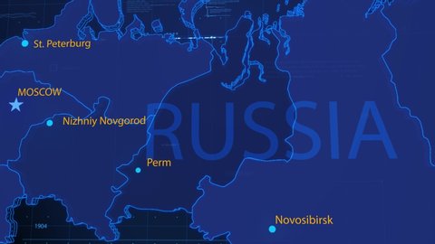 A stylized rendering of the Russia map conveying the modern digital age and its emphasis on global connectivity among people