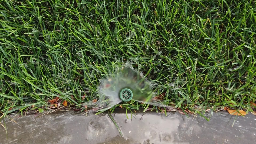 Automatic Garden Lawn sprinkler is watering grass, slow motion. Grass Watering. Smart garden system with sprinkler irrigation system working top view, watering lawn. Royalty-Free Stock Footage #1056307745