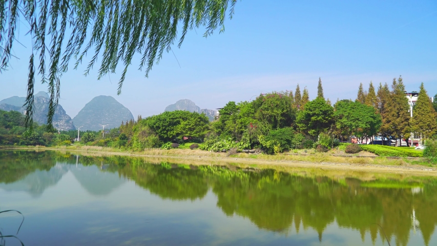 Reflection of trees and mountains on calm lake under sunny sky, swinging willow branches