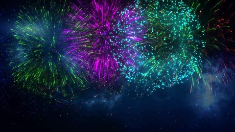 Three Variations Colorful Shaped Fireworks Explosions With Smoky Trail Particles On Nebula Clouds Starry Night Sky And Isolated With Black Background