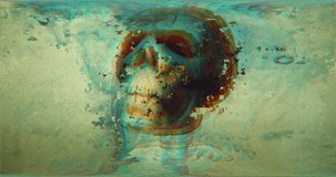 Multi-colored skull with abstract digital effects of light interference and waves, broken TV. Pixel glitch art effect. Retro futurism 80 90 dynamic style. Video signal damage with old screen noise