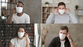 Happy friends take off medical mask during virtual meeting. Webcam view. End of the pandemic. Group video call. Computer screen collage. Remote communication. Online chat conference. Close up 4K - Powered by Shutterstock - Get 15% off with code: PIKWIZARD15