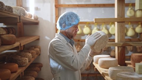 Handsome Cheesemaker Uniform Checking Seasoning Parmesan Stock Footage ...