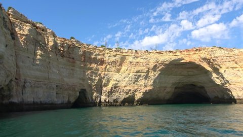 View from a sightseeing boat of the Benagil cliffs and caves, Benagil, Algarve, Portugal
