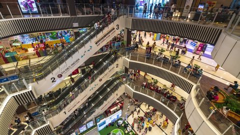 Ho Chi Minh City, Vietnam - July 19th, 2020: People at the AEON mall Binh Tan, top view. AEON mall shopping complex is the most popular shopping destination in Ho Chi Minh city, Vietnam.
