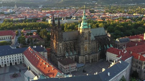 Prague Old Town with St. Vitus Cathedral and Prague castle complex with buildings revealing architecture from Roman style to Gothic 20th century. Prague, capital city of the Czech Republic. Drone