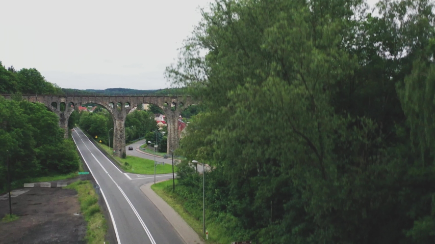 Aerial video of a bridge in Poland, a bridge in Poland, nature, top view in Poland, green nature, Poland aerial view, Drone footage