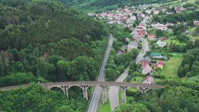 Aerial video of a bridge in Poland, a bridge in Poland, nature, top view in Poland, green nature, Poland aerial view, Drone footage